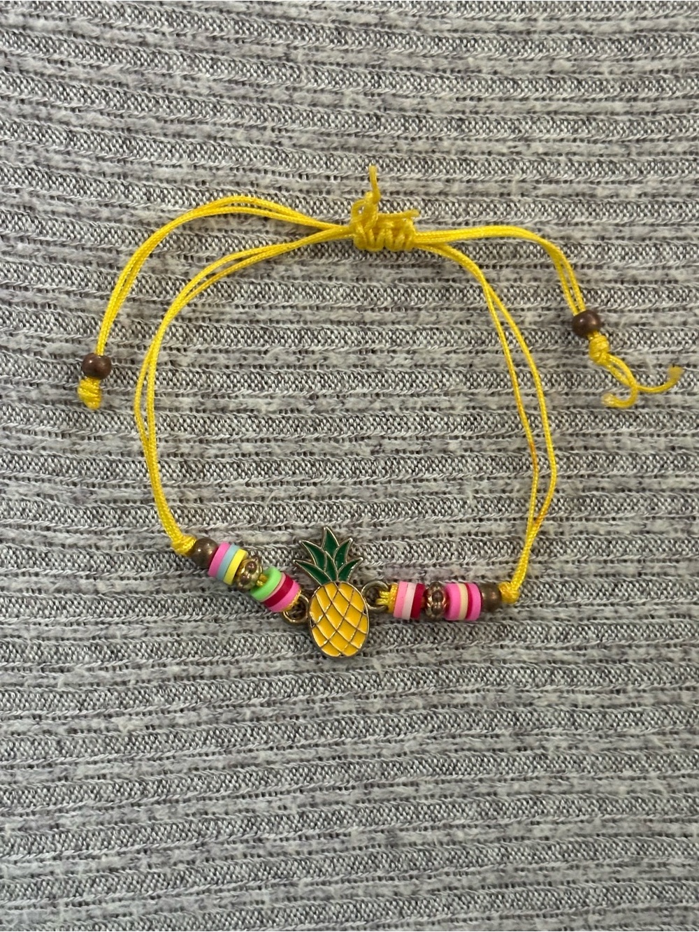 Y2K theme adjustable yellow cord bracelet w pineapple charm & multicolor beads
